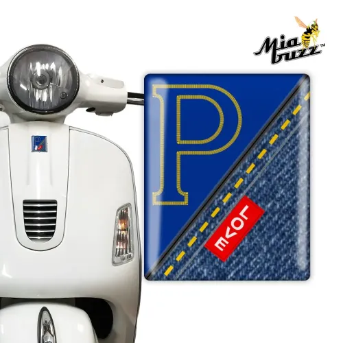 P for Performance Gold Stitch Front Badge Love Love Denim Edition Mia Buzz 3D Resin Dome Emblem for Vespa Models Blue Stitch